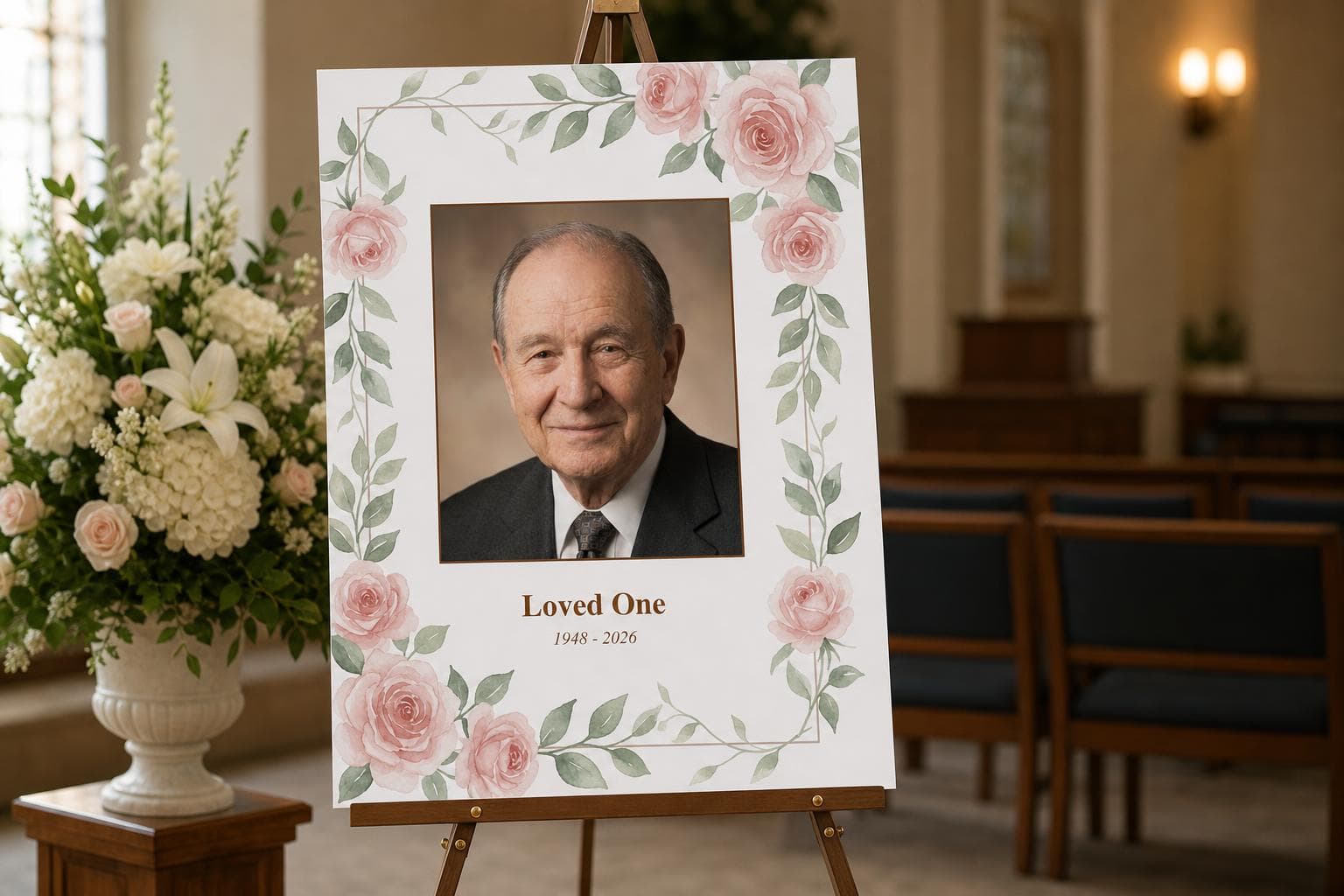 Funeral poster standing on an easel in a funeral home