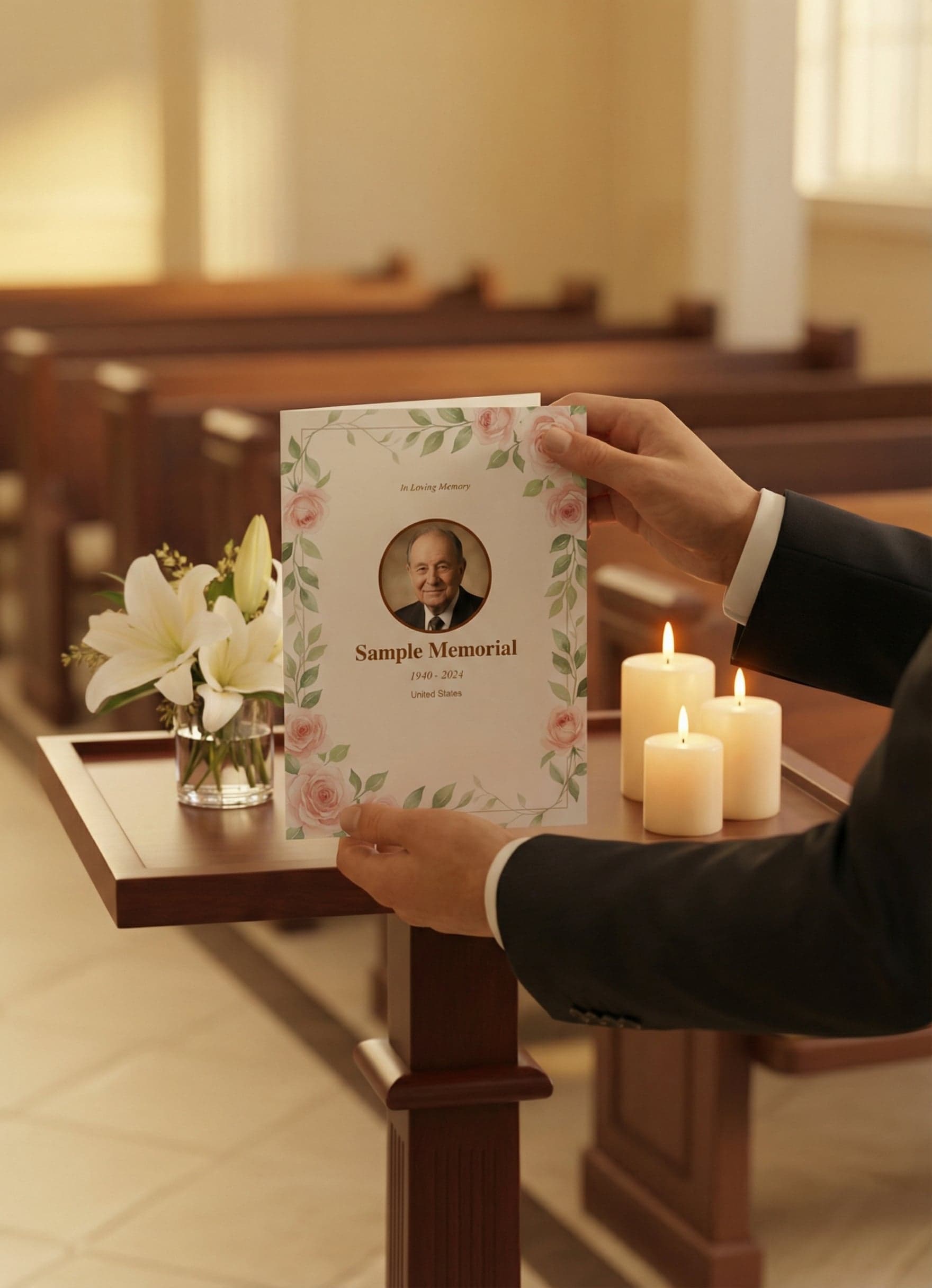 Beautiful funeral program held in elegant hands