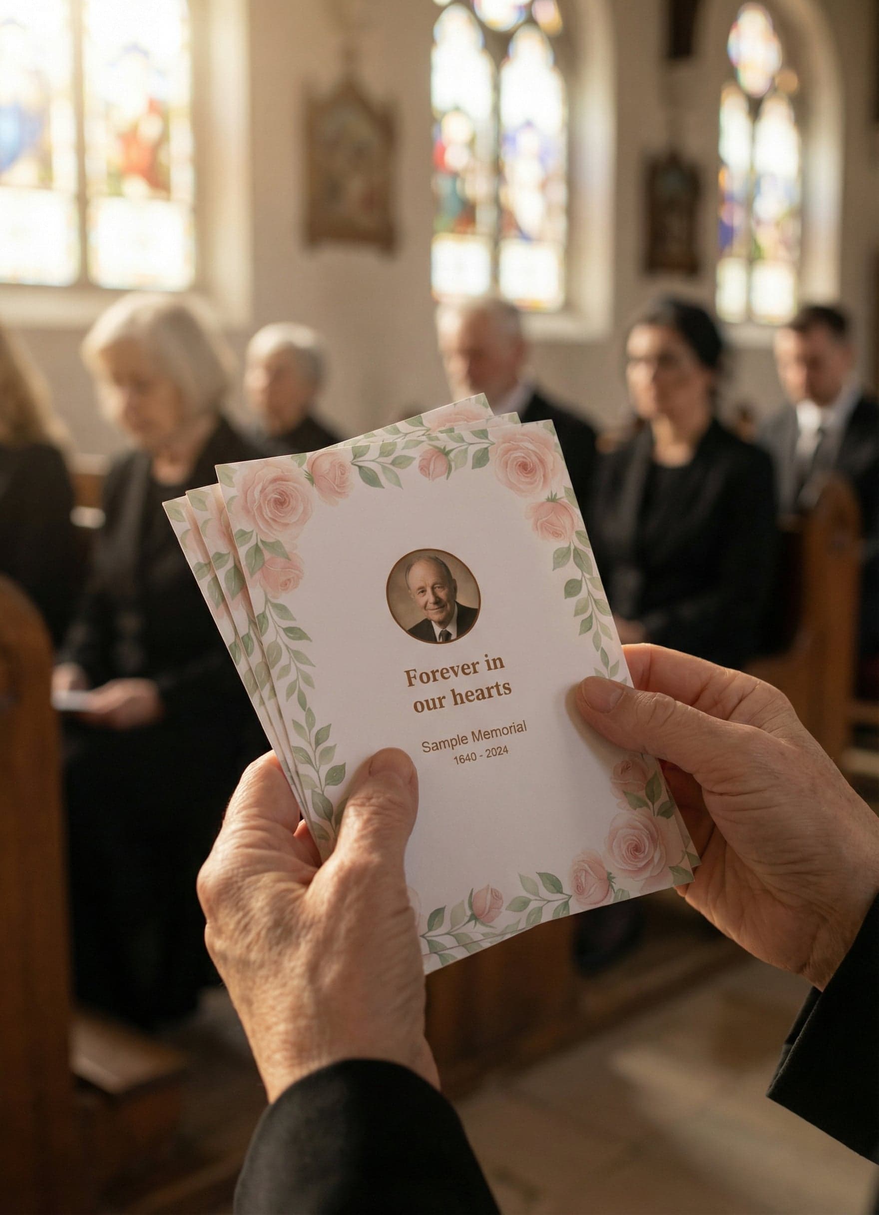Funeral prayer card template preview held in hands