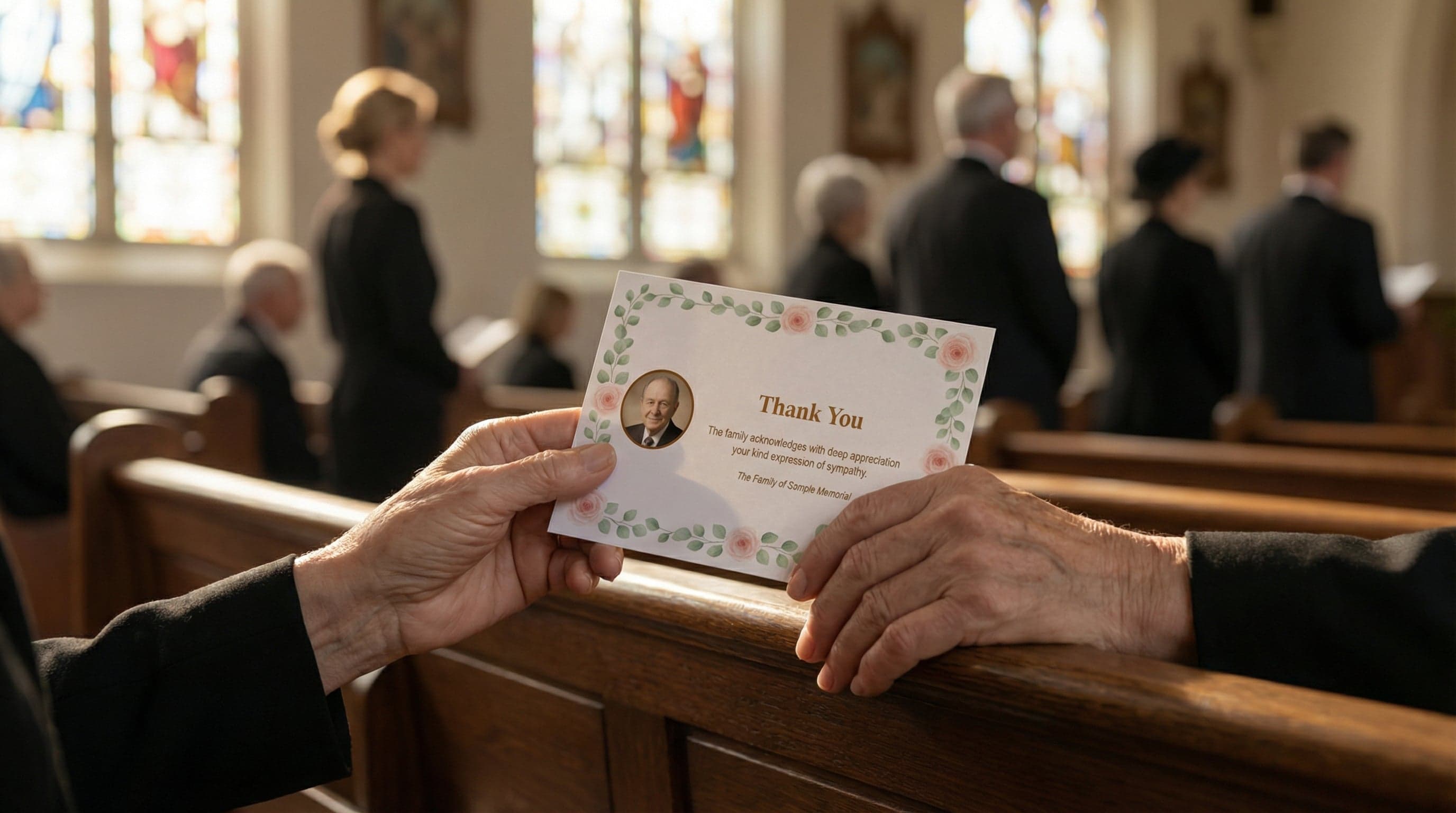 Funeral thank you card template preview on a printed card