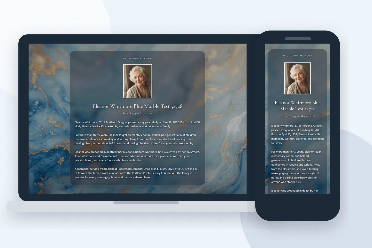 Online memorial website shown on laptop and mobile screens