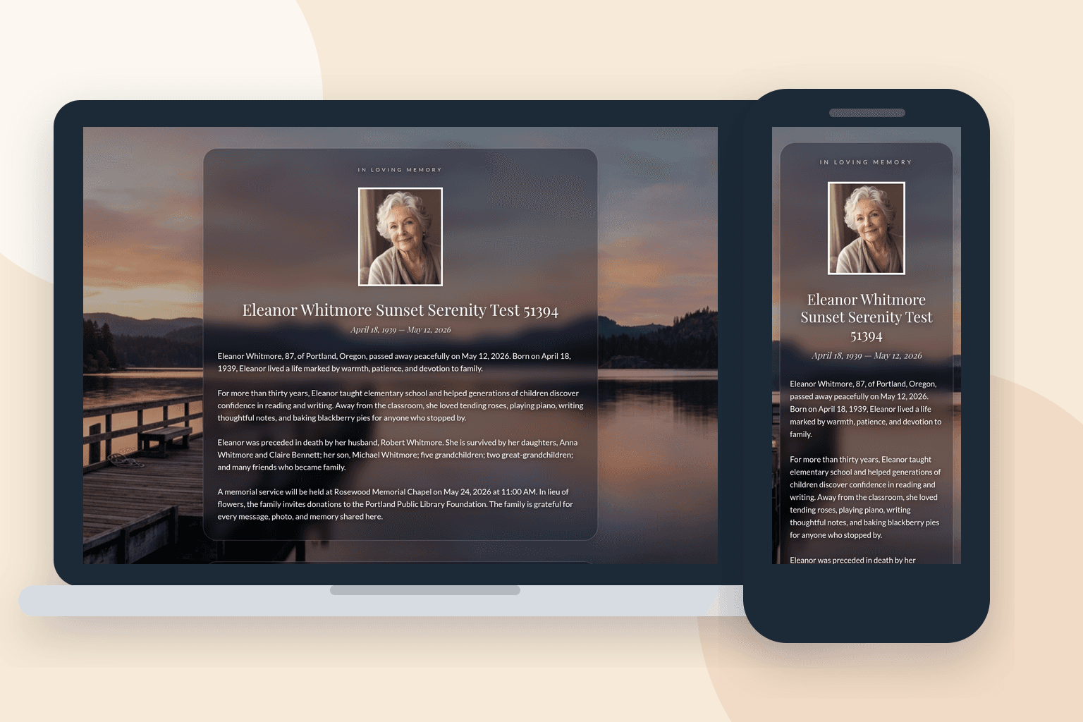 Sunset Serenity online memorial website design preview