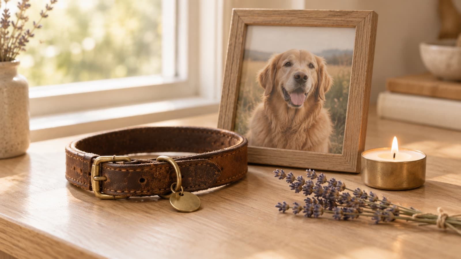 A golden retriever's collar, a framed photo of the dog, and a lit candle on a wooden table by a window