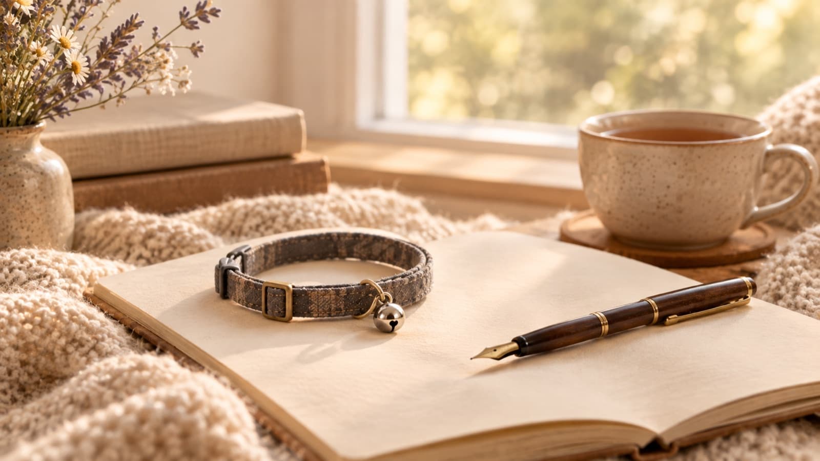 A cat's collar with a bell on an open notebook beside a fountain pen and a cup of tea