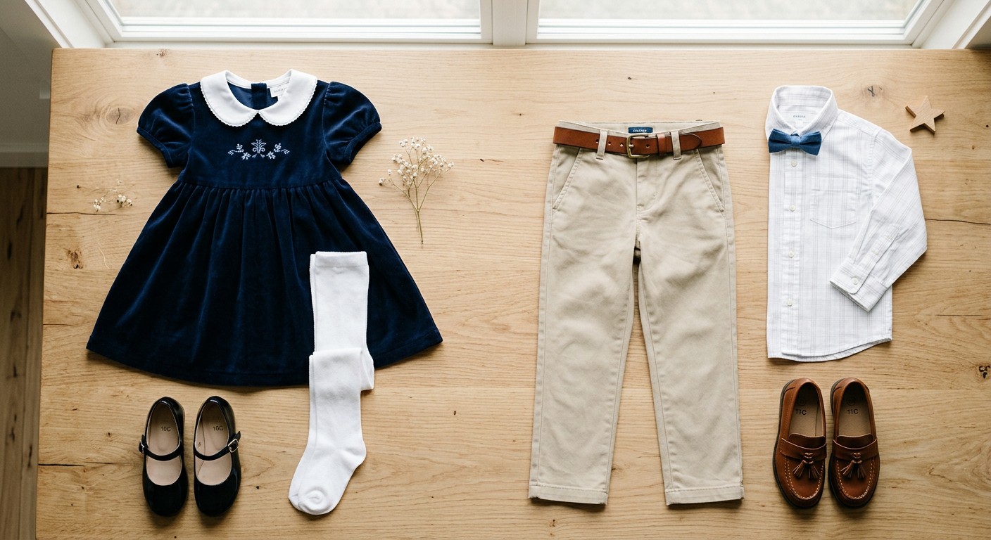Children's celebration of life outfits flat lay with dress, tights, and collared shirt