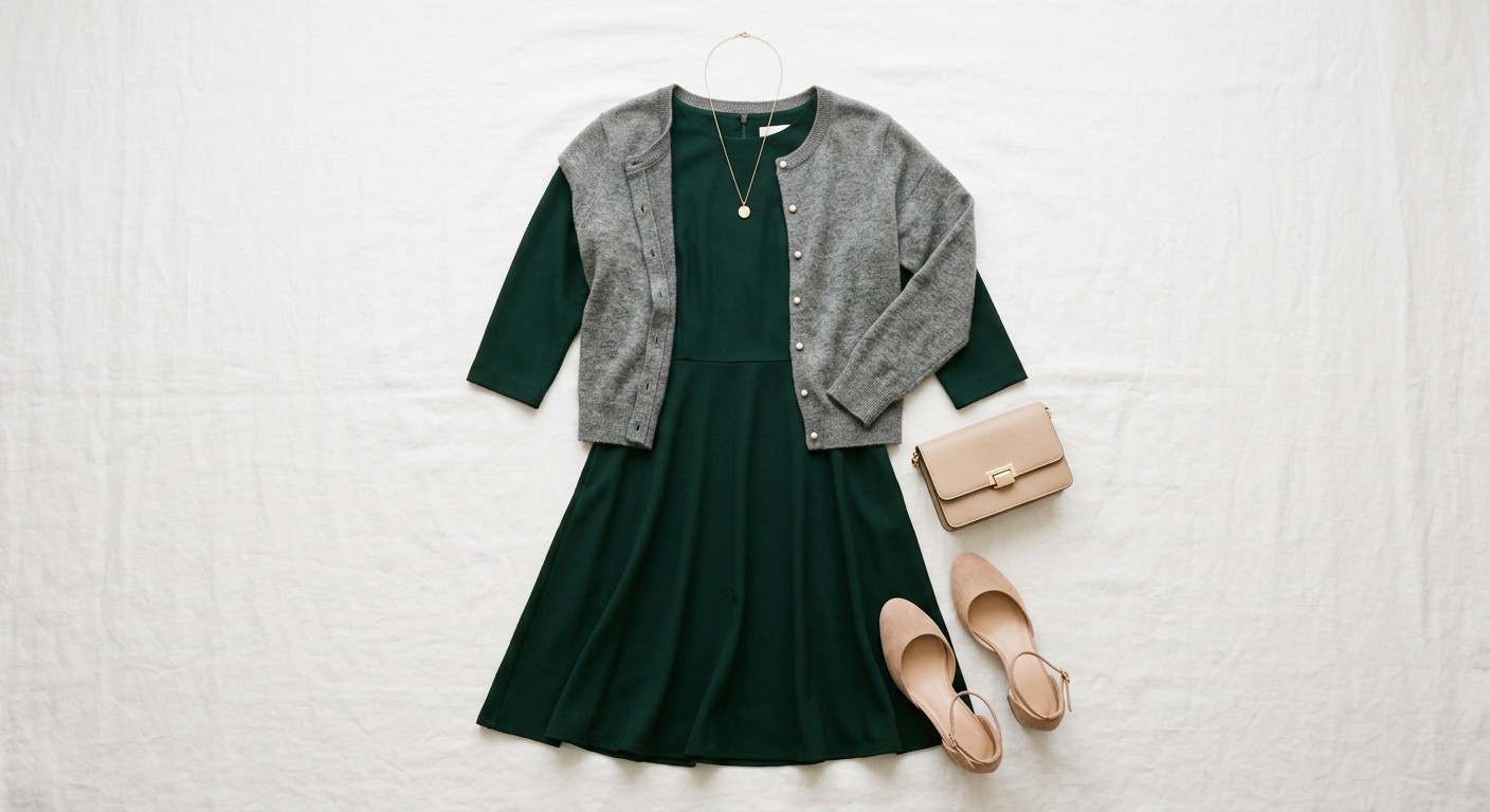 Women's celebration of life attire flat lay with dress, cardigan, jewelry, and heels