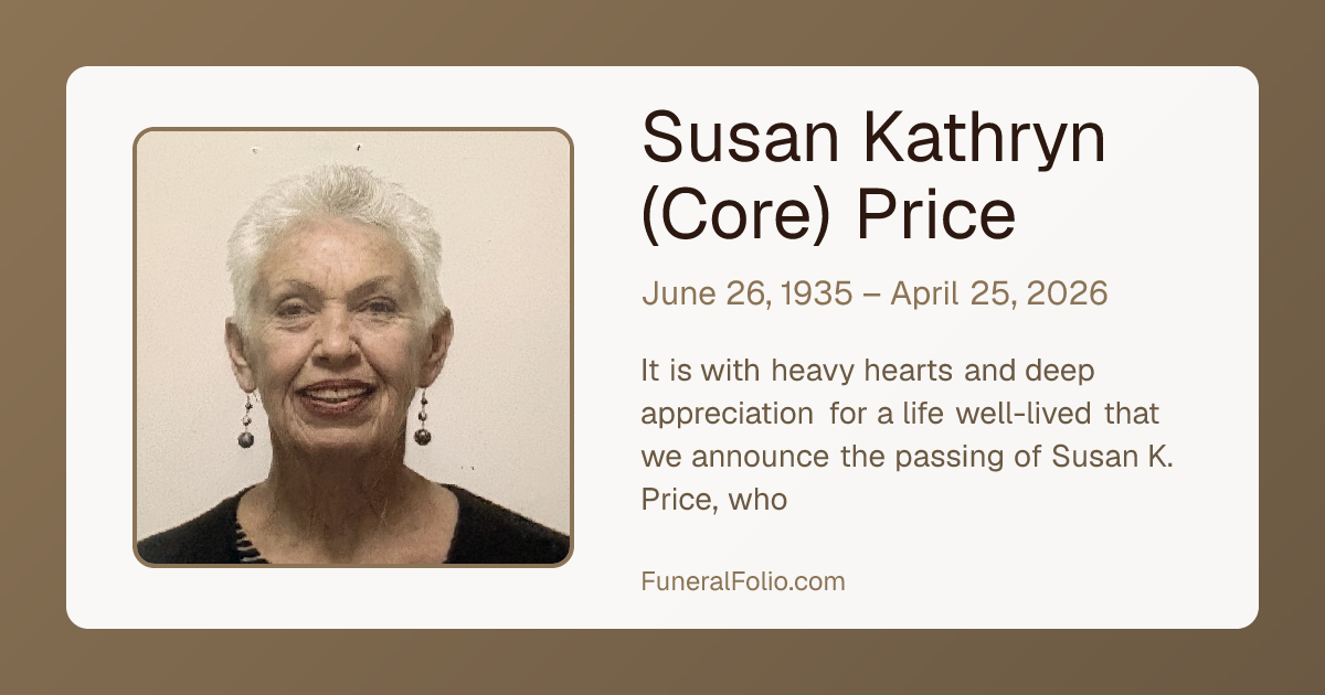 Susan Kathryn (Core) Price - Obituary | FuneralFolio